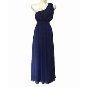 NEW Lulus Dark Navy Blue One Shoulder Elegant Chiffon Evening Gown MEDIUM